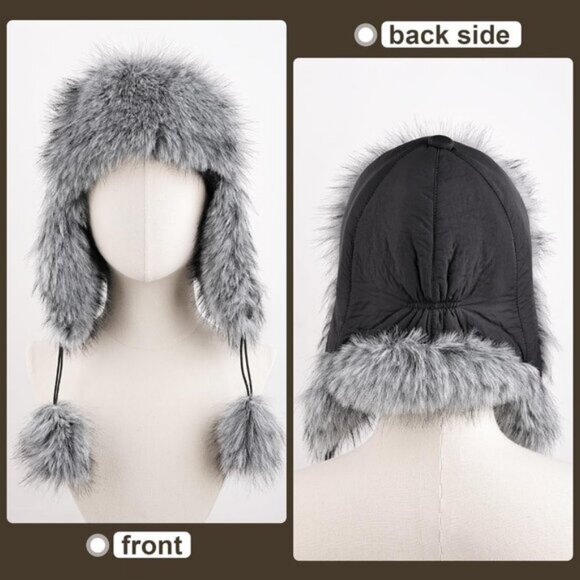 ⚡Women Khaki Faux Fur Trapper Pompoms Warm Classic Ear Flaps Fuzzy Bobble Cap - Picture 3 of 6